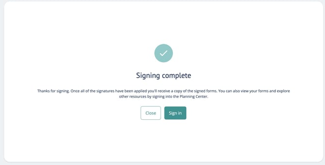 Signing complete confirmation message