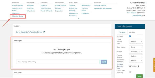 Messages card on Planning Center page in Passare