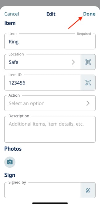 Item editing form with Done button