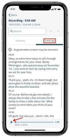 Recording Transcript tab and recording playback controls