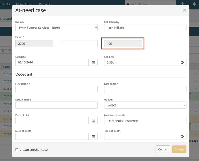 Case number field in case creation modal