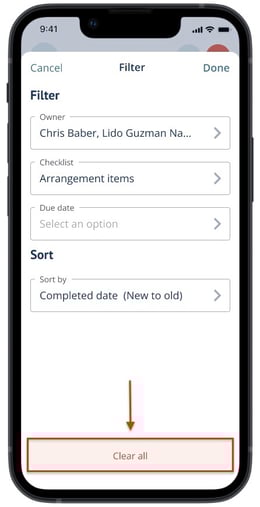 Clear all filters button