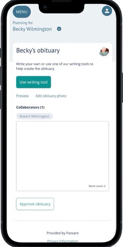 Mobile view of obituary page in Planning Center