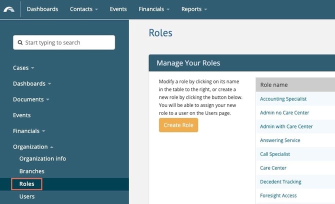 Role settings in Passare web