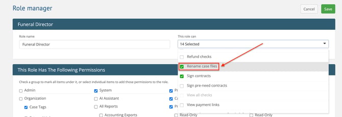 Rename case files permission on Role manager page
