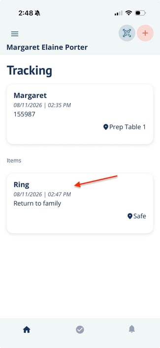 Track page Tracking page showing entered decedent and item