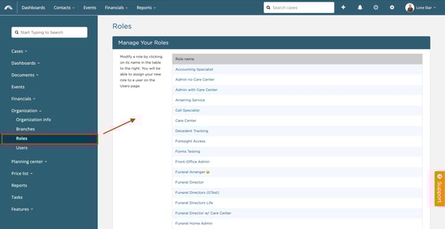 Arrow pointing to various roles on Roles & Permissions page