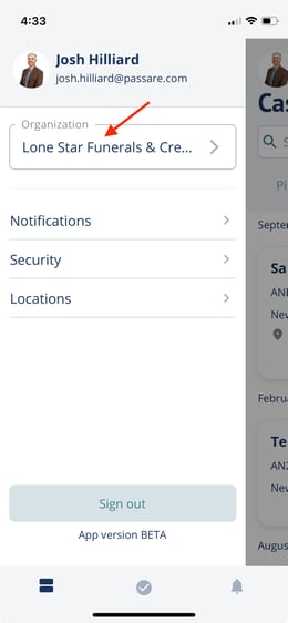 Passare mobile settings navigation