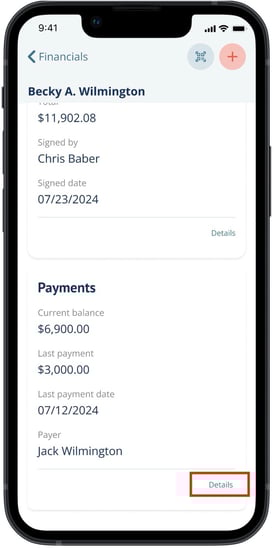 Payments section on Contract details page in mobile app