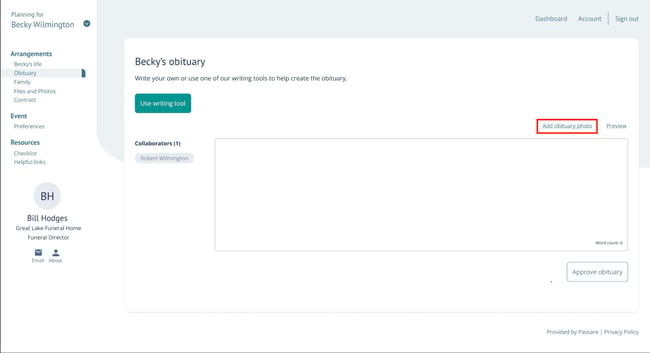 Add obituary photo button on Obituary page in Planning Center