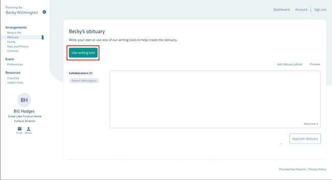 Use writing tool button on Obituary page in Planning Center