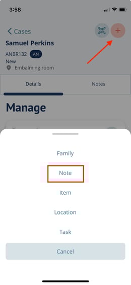 Select + icon inside a case, then select "Note"