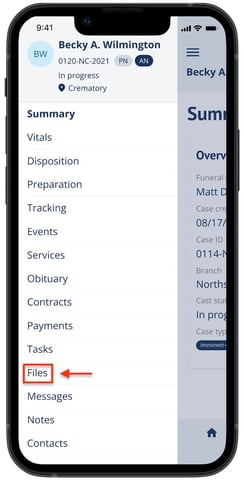 Files page in case menu