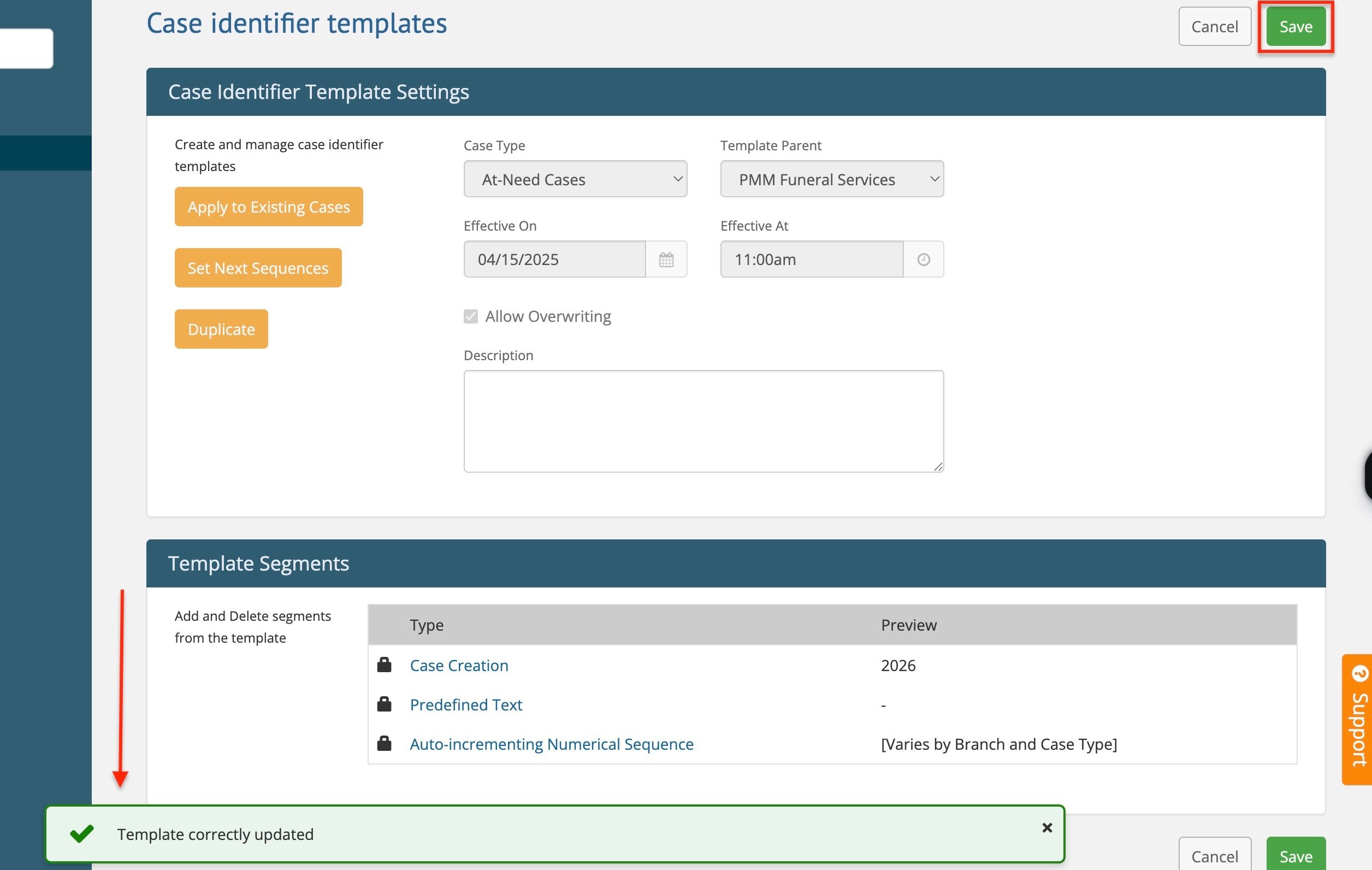 Template correctly updated confirmation message