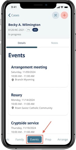 Events page in Passare mobile