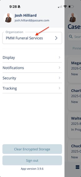 Passare mobile settings navigation