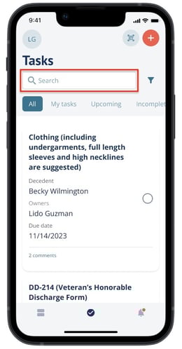 Search bar on Global Tasks page