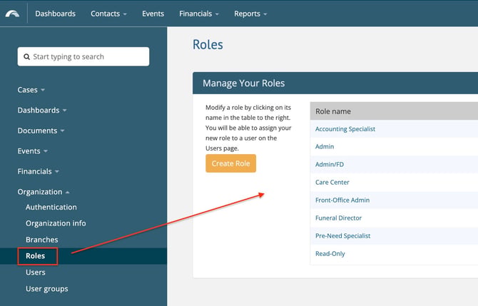 Roles page in web version of Passare