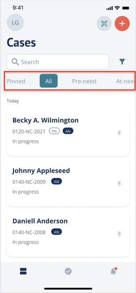 Case listing quick filters