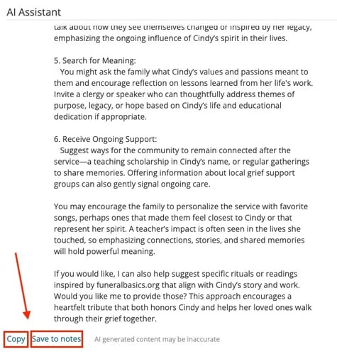 Copy and Save to notes buttons in AI Assistant