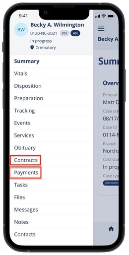 Contracts and Payments in case page menu