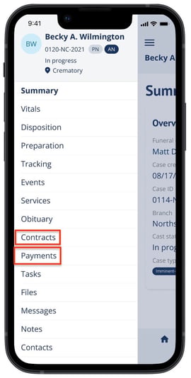 Contracts and Payments in case page menu