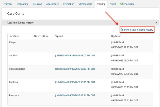 Print location events history button