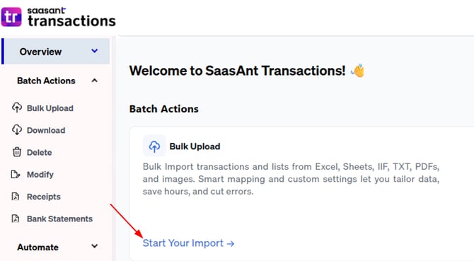 SaasAnt Transactions > Start Your Import link