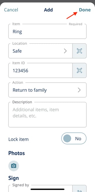 Item editing form with Done button