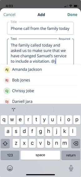 Type @name to mention a user in the note