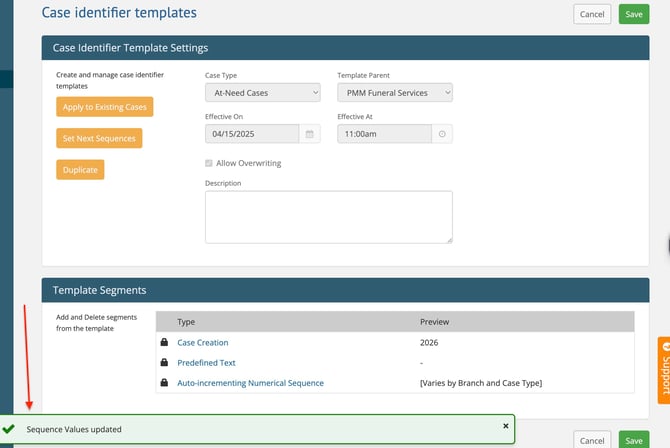 Sequence Values updated confirmation message