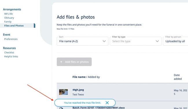 File limit notification in planning center