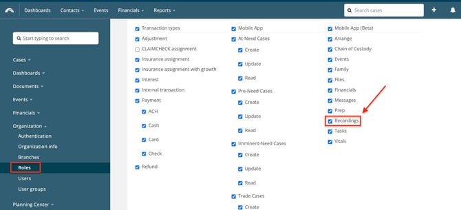 Recordings permission on Role manager page