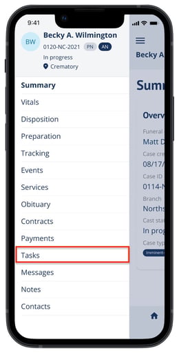 Tasks in case navigation menu