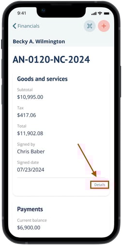 Contract details page in Passare mobile app