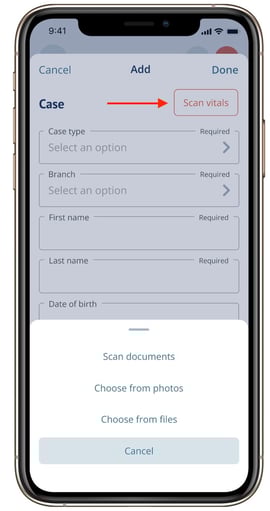 Scan vitals button and upload menu