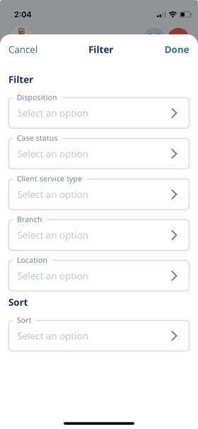 Case filter and sorting modal