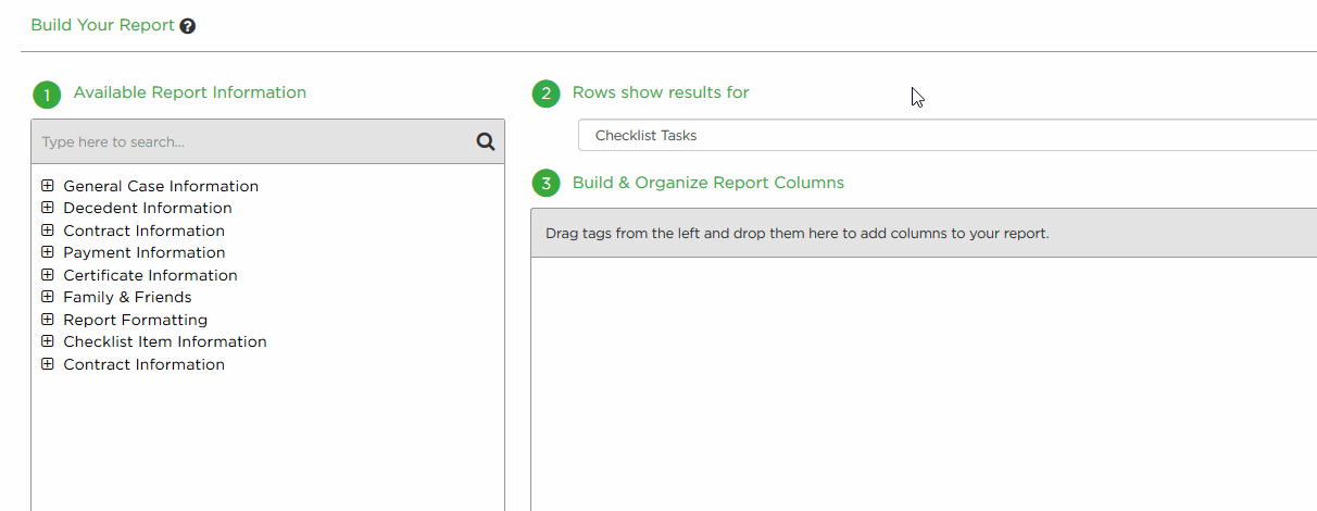 Build Your Report drag and drop to Report Columns
