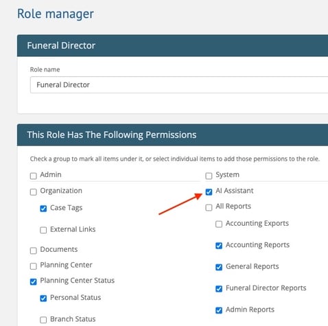 AI Assistant permission on Role Manager page