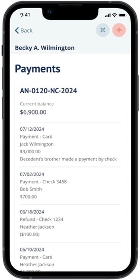 Payment details page in Passare mobile app