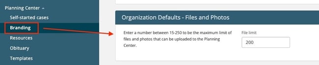 File limit field on Branding Planning Center settings
