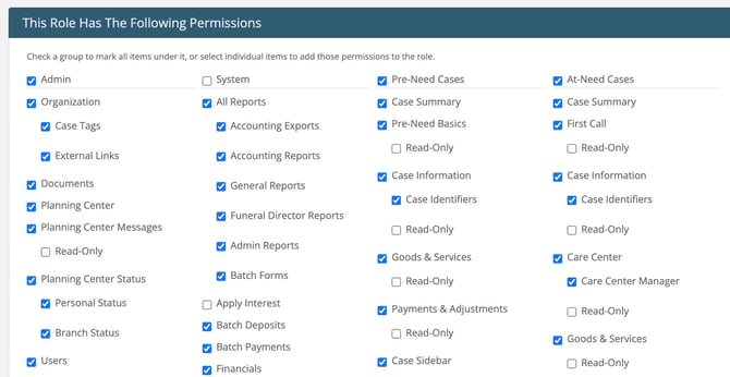 This Role Permissions Has The Following Permissions settings
