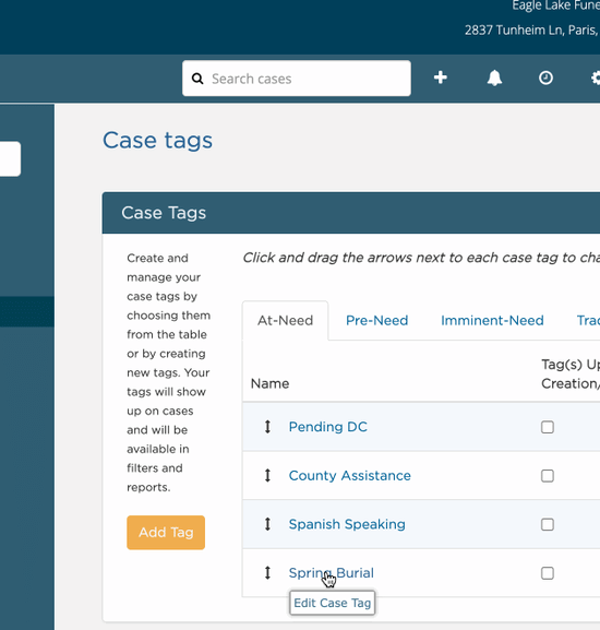 gif showing Edit Case Tag pop up