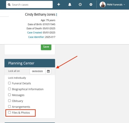 Lock Planning Center section within a case in Passare