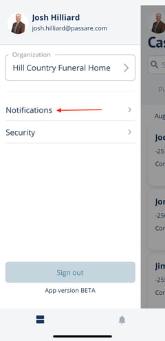 Select notifications in Passare mobile