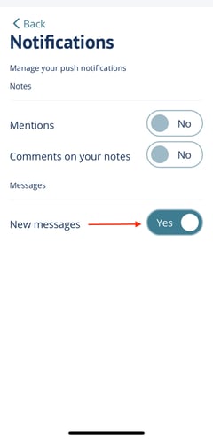 "New messages" toggle for push notifications in Passare mobile