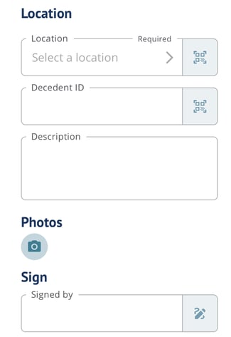 fill out location, decedent id, descriptions, photos, sign