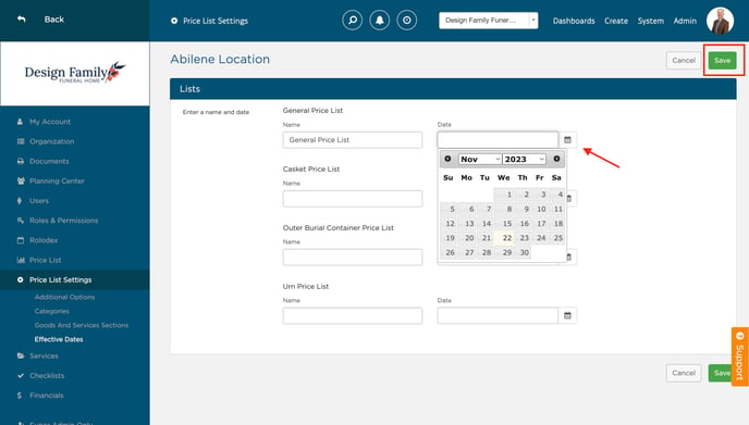 Effective Dates Branch settings page 