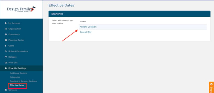 Effective Dates page in Price List Settings