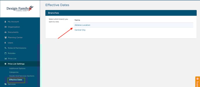 Effective Dates page in Price List Settings